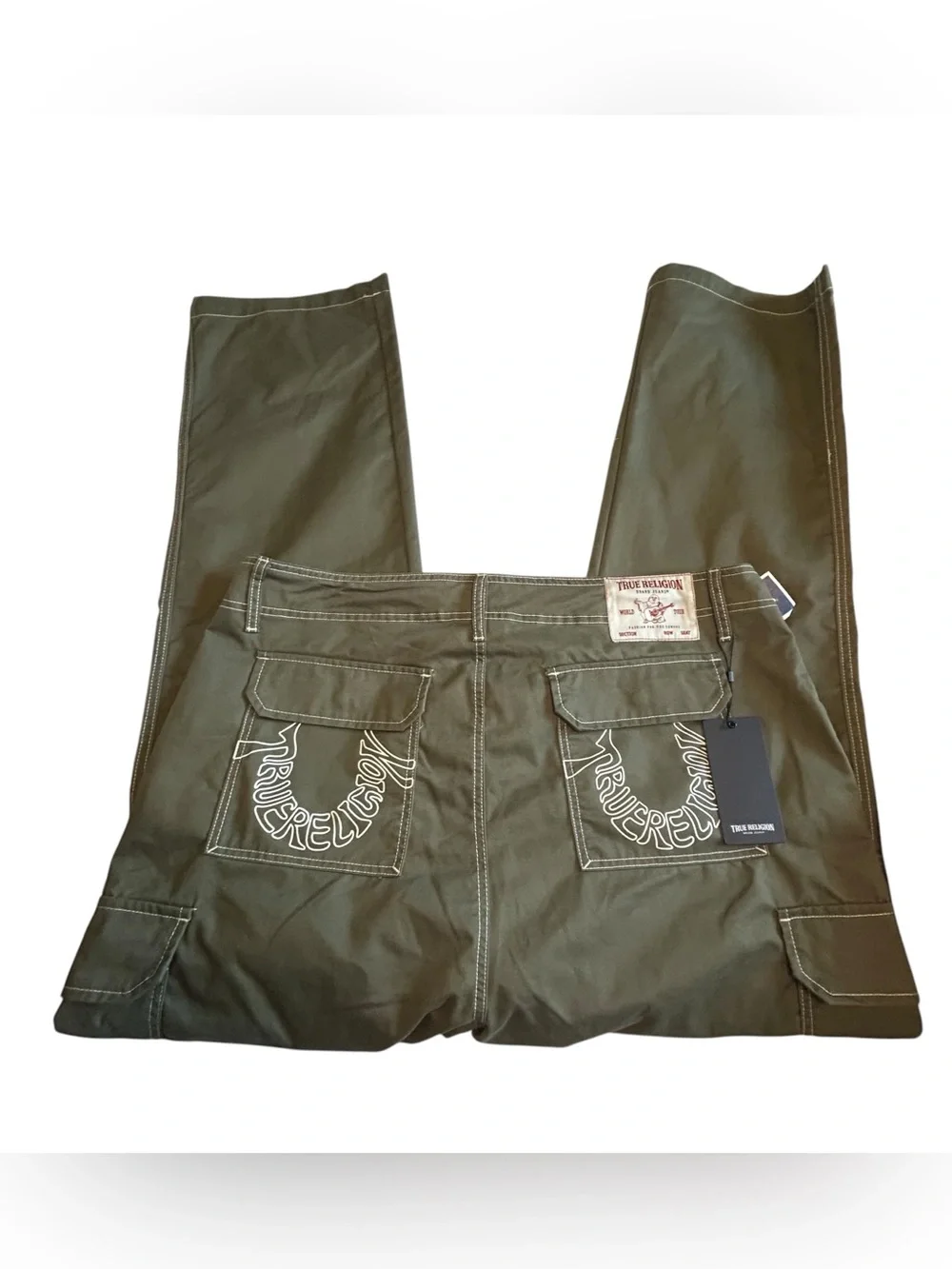 True Religion Men's Olive Cargo Pants with White Contrast Stitching